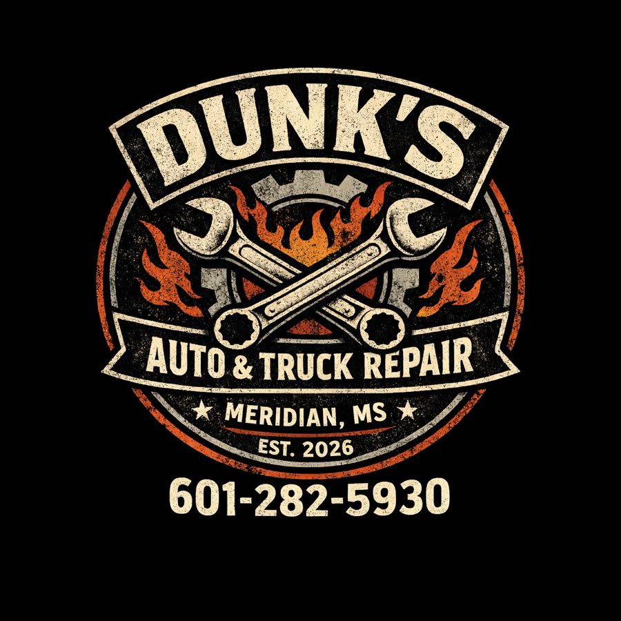 Dunk's Auto & Truck Repair vintage badge logo - crossed wrenches and flames, Meridian, MS